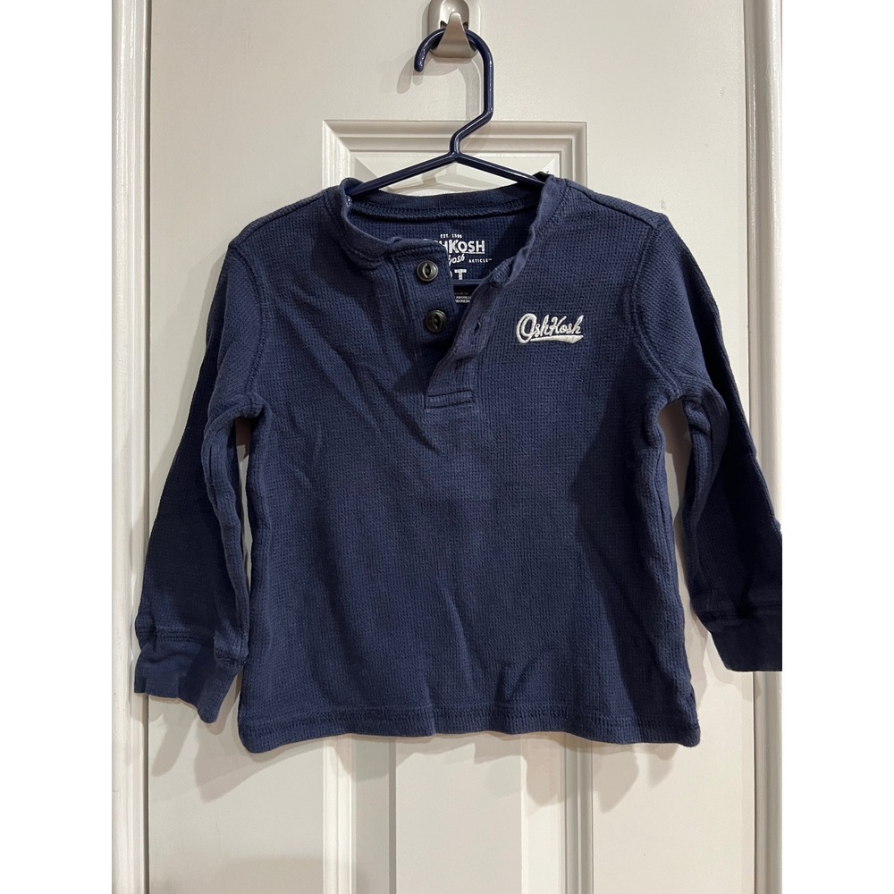OshKosh Bgosh Toddler Boys Navy Blue Waffle Knit Henley Shirt 2T Long Sleeve
